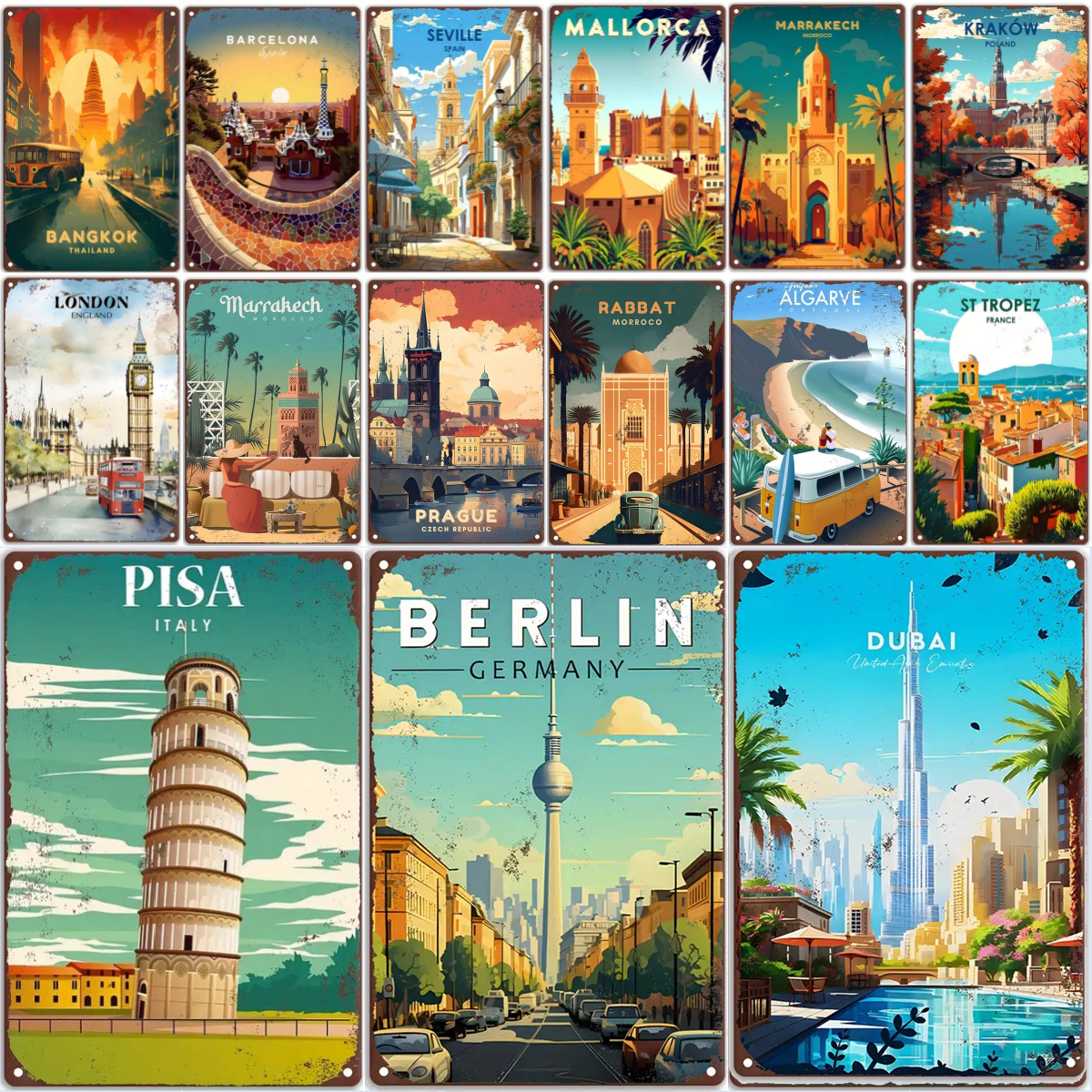 Home Decor Dubai - Vintage Travel Round The World Poster,ITALY,BERLIN,DUBAI